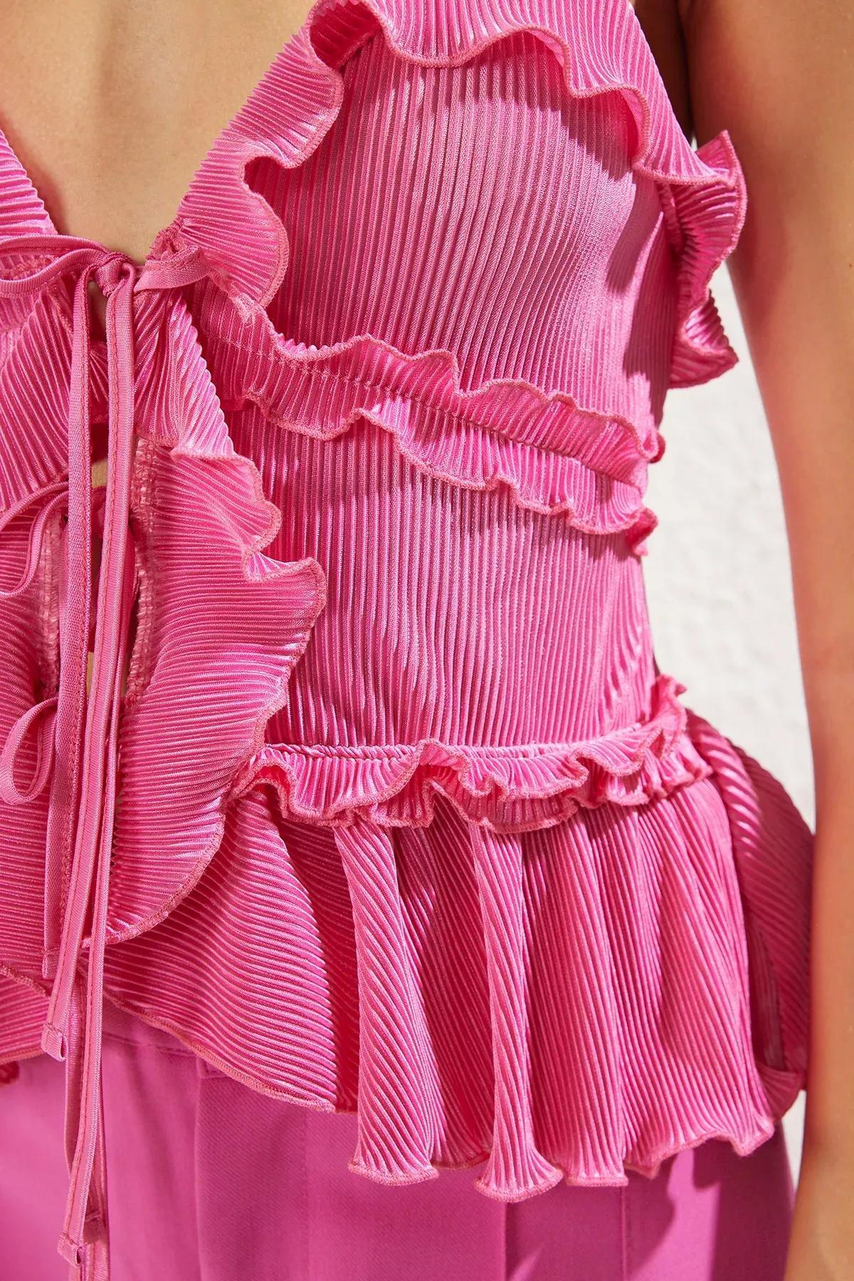 بلوزة مُحاكة بكشكش، وردي, Fuchsia, large image number 3