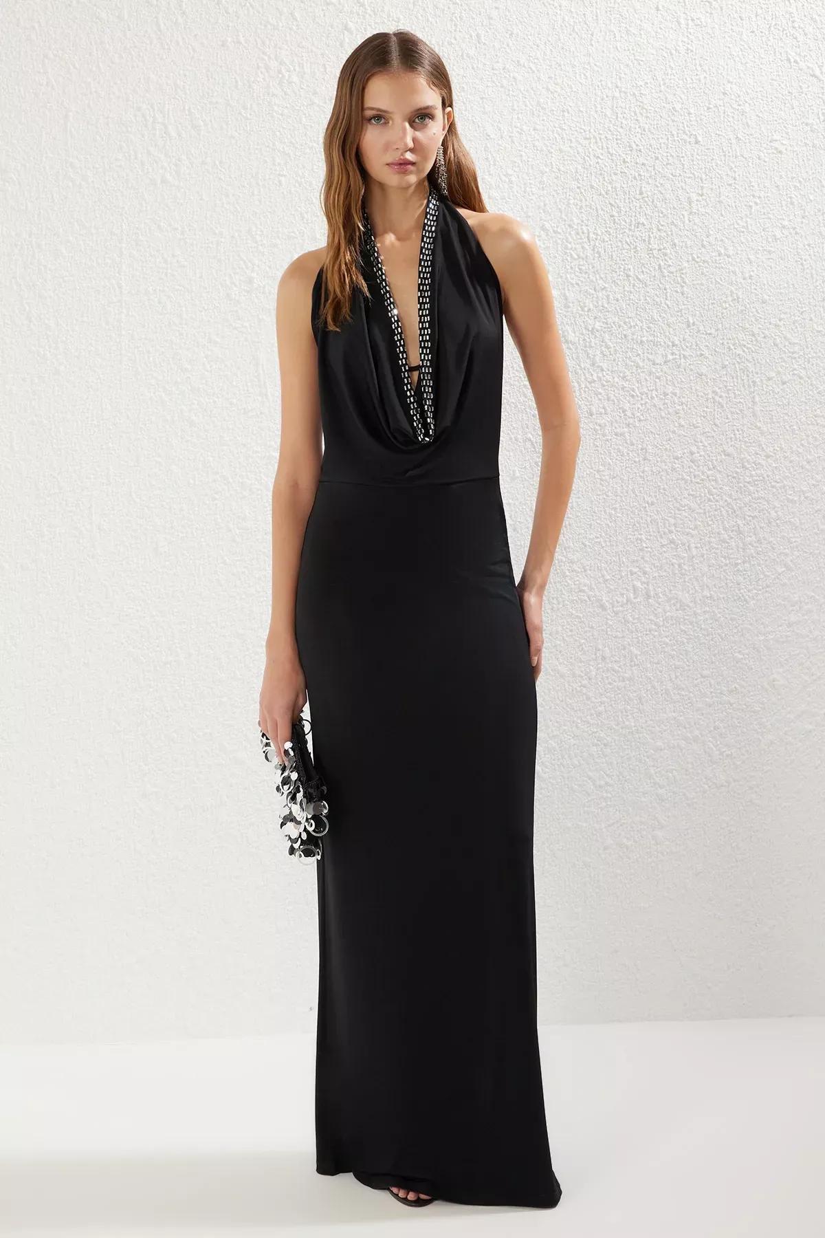 Black Cowl Neck Detailed Knitted Occasionwear Dress, , large image number 0