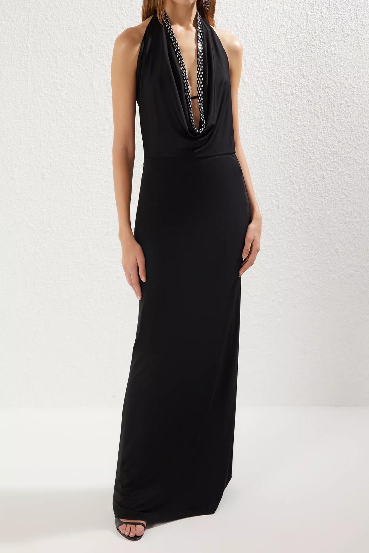 Black Cowl Neck Detailed Knitted Occasionwear Dress, , large image number 3