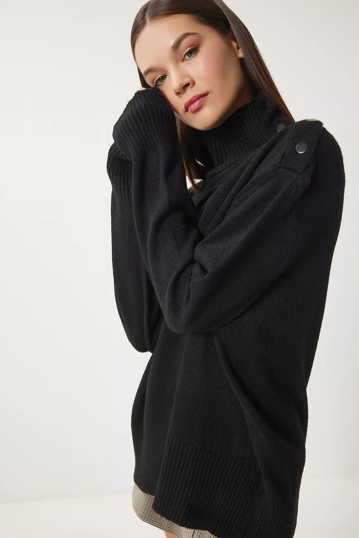 Black Turtleneck Knitwear Sweater, BLACK, large image number 0