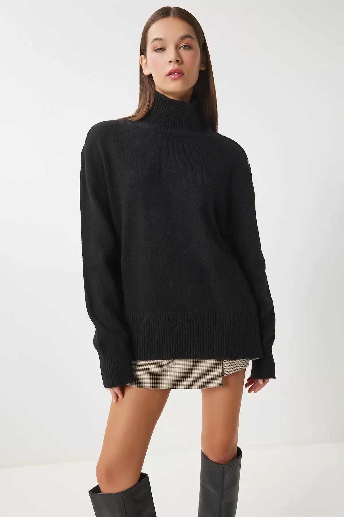 Black Turtleneck Knitwear Sweater, BLACK, large image number 1