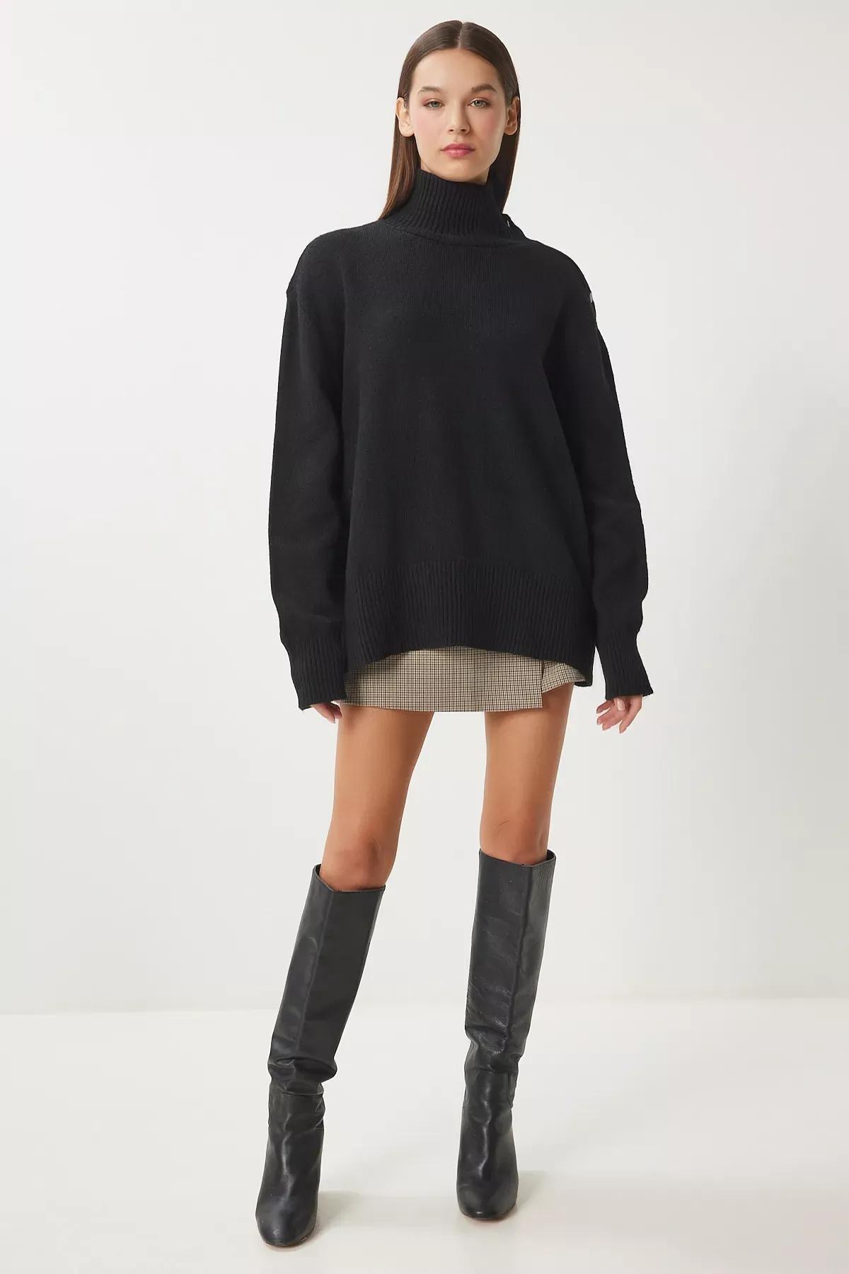 Black Turtleneck Knitwear Sweater, BLACK, large image number 2