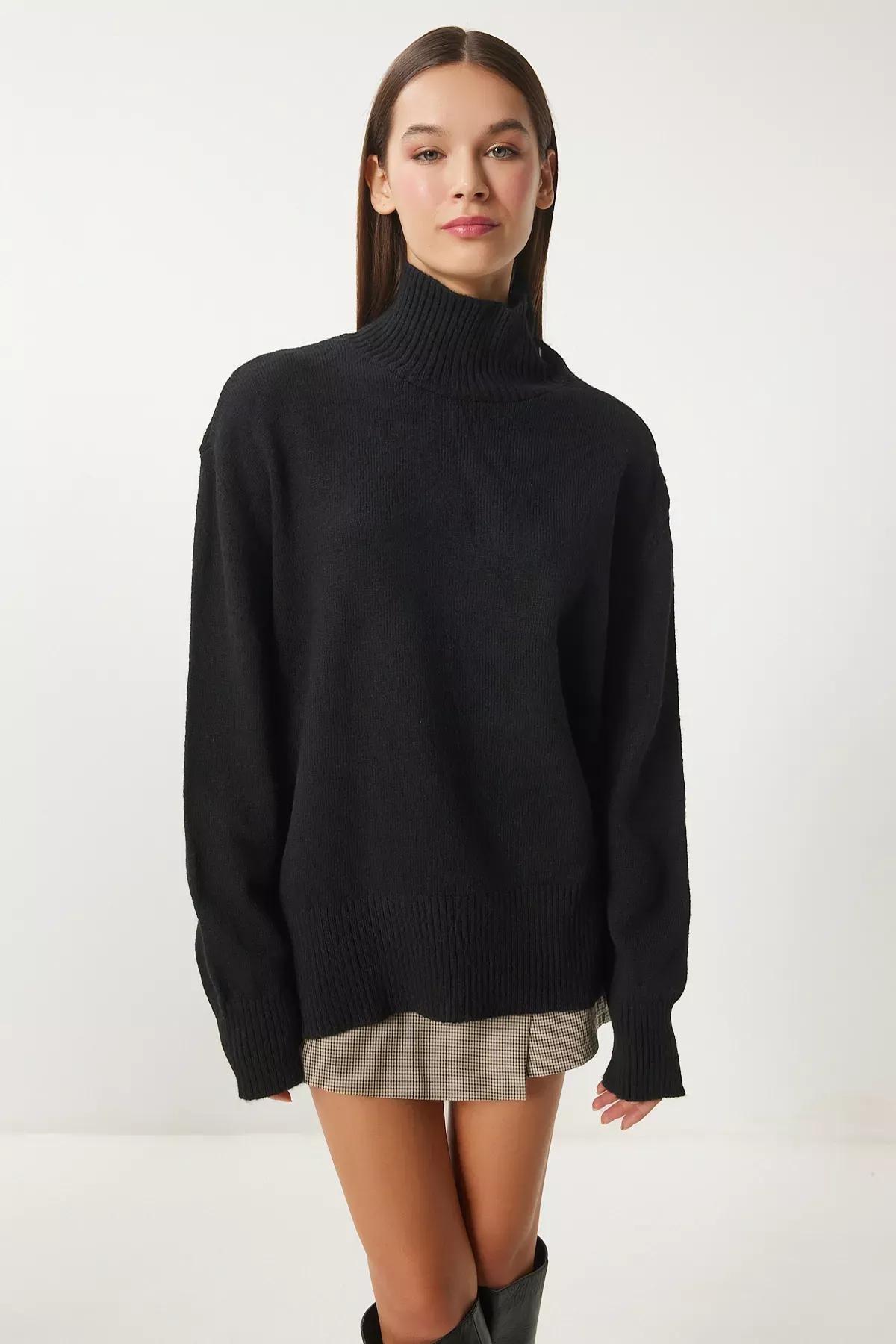 Black Turtleneck Knitwear Sweater, BLACK, large image number 3