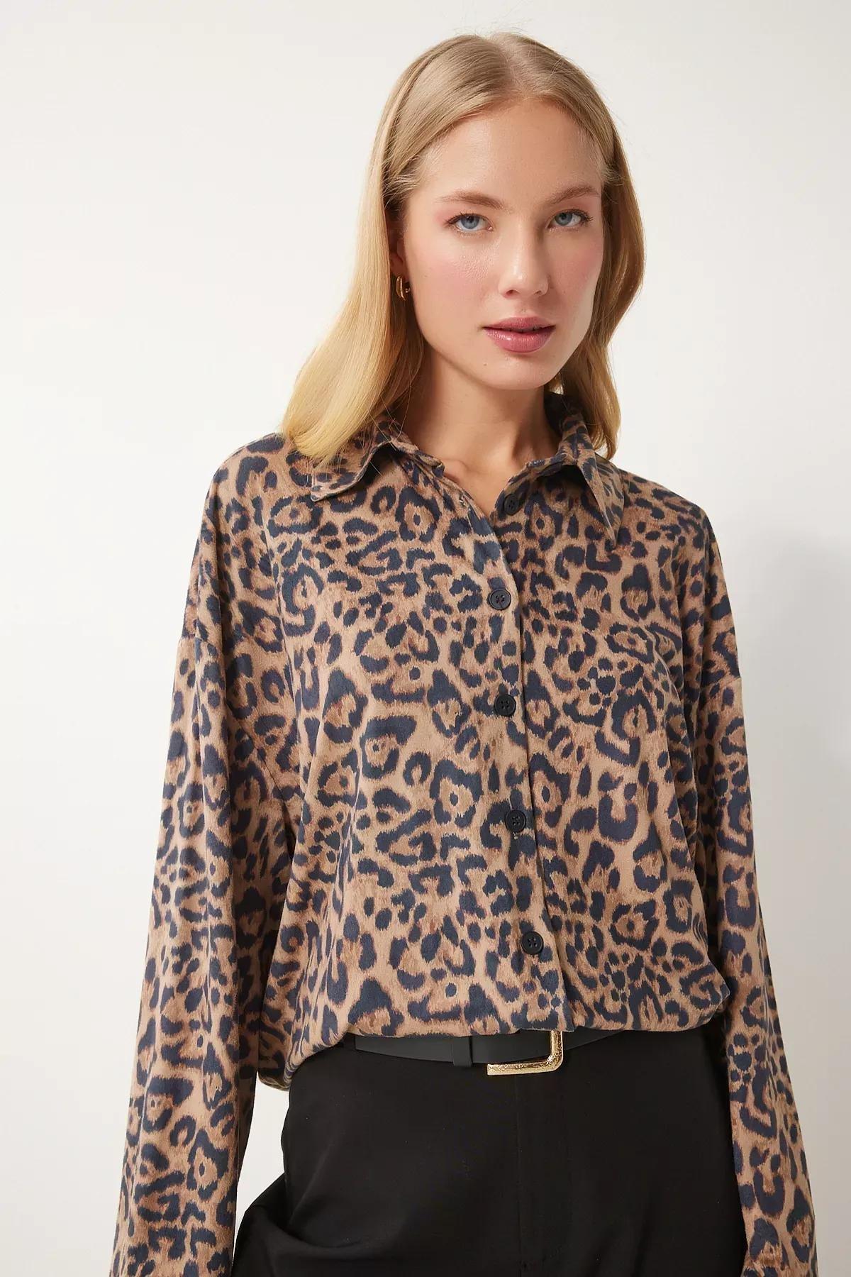 Black Leopard Suede Shirt, Black Beige, large image number 0