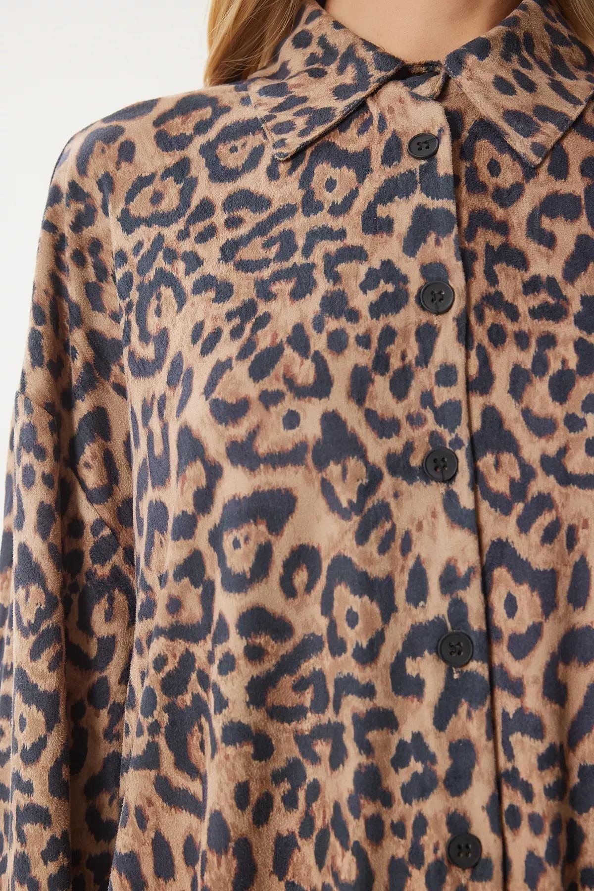 Black Leopard Suede Shirt, Black Beige, large image number 4