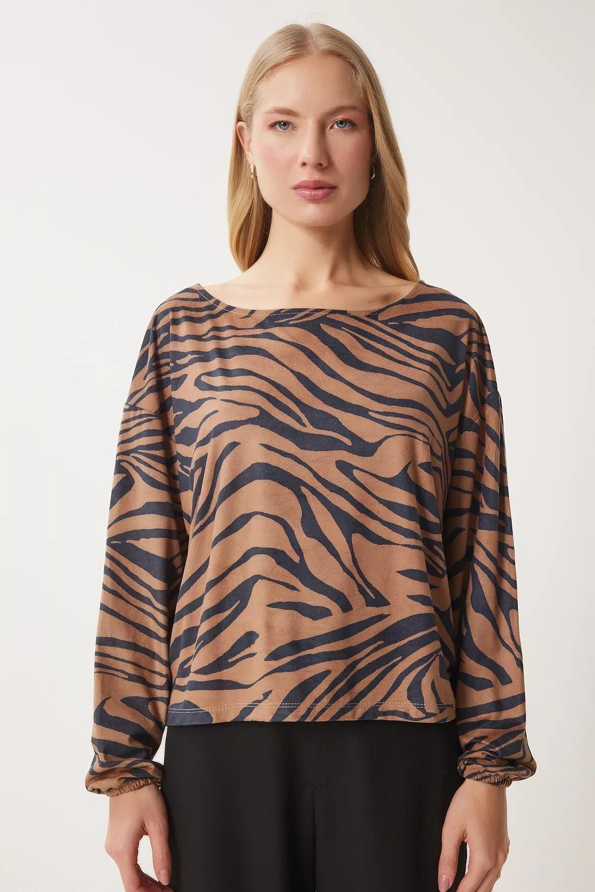 Black-Beige Zebra Suede Knit Blouse, Black Beige, large image number 2