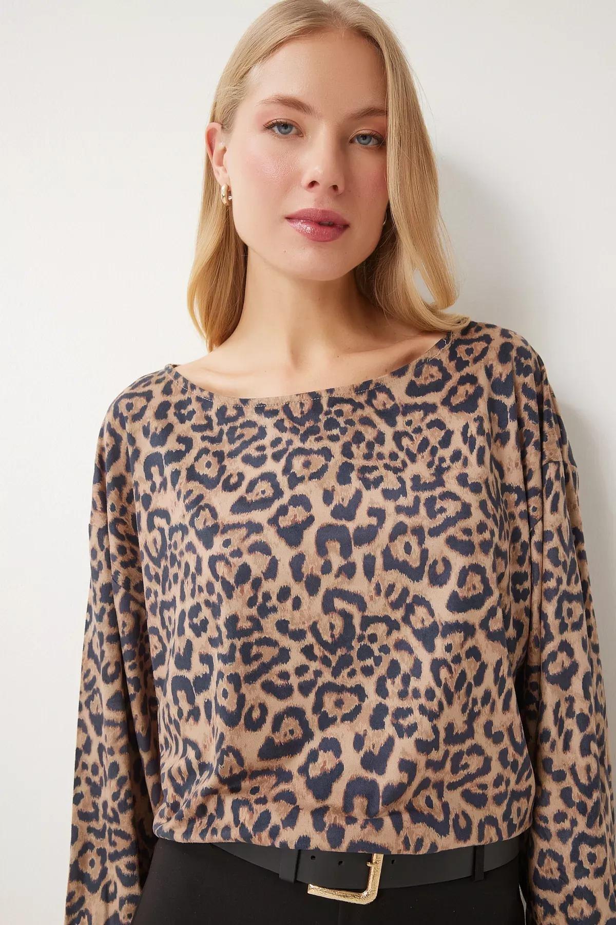 Black Beige Leopard Patterned Blouse,, Black Beige, large image number 0