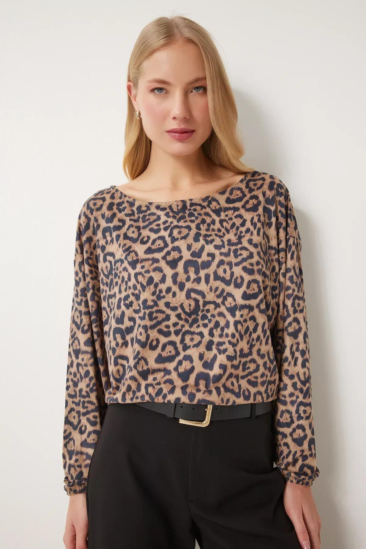 Black Beige Leopard Patterned Blouse,, Black Beige, large image number 1