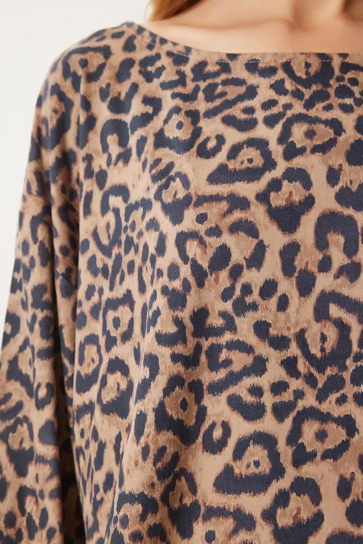 Black Beige Leopard Patterned Blouse,, Black Beige, large image number 2