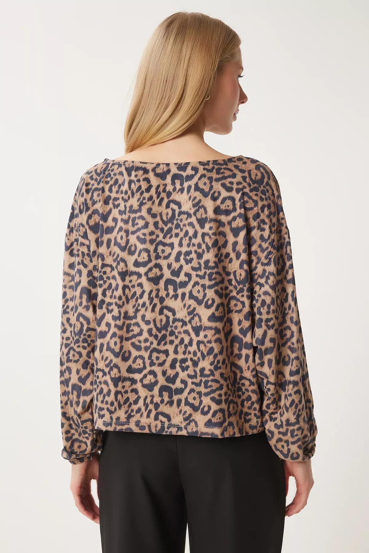 Black Beige Leopard Patterned Blouse,, Black Beige, large image number 3