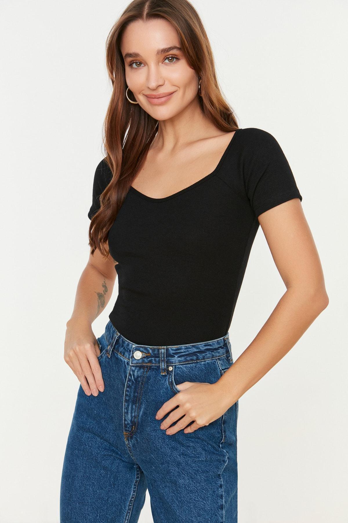 Black Slim Sweetheart Neckline Blouse, , large image number 0