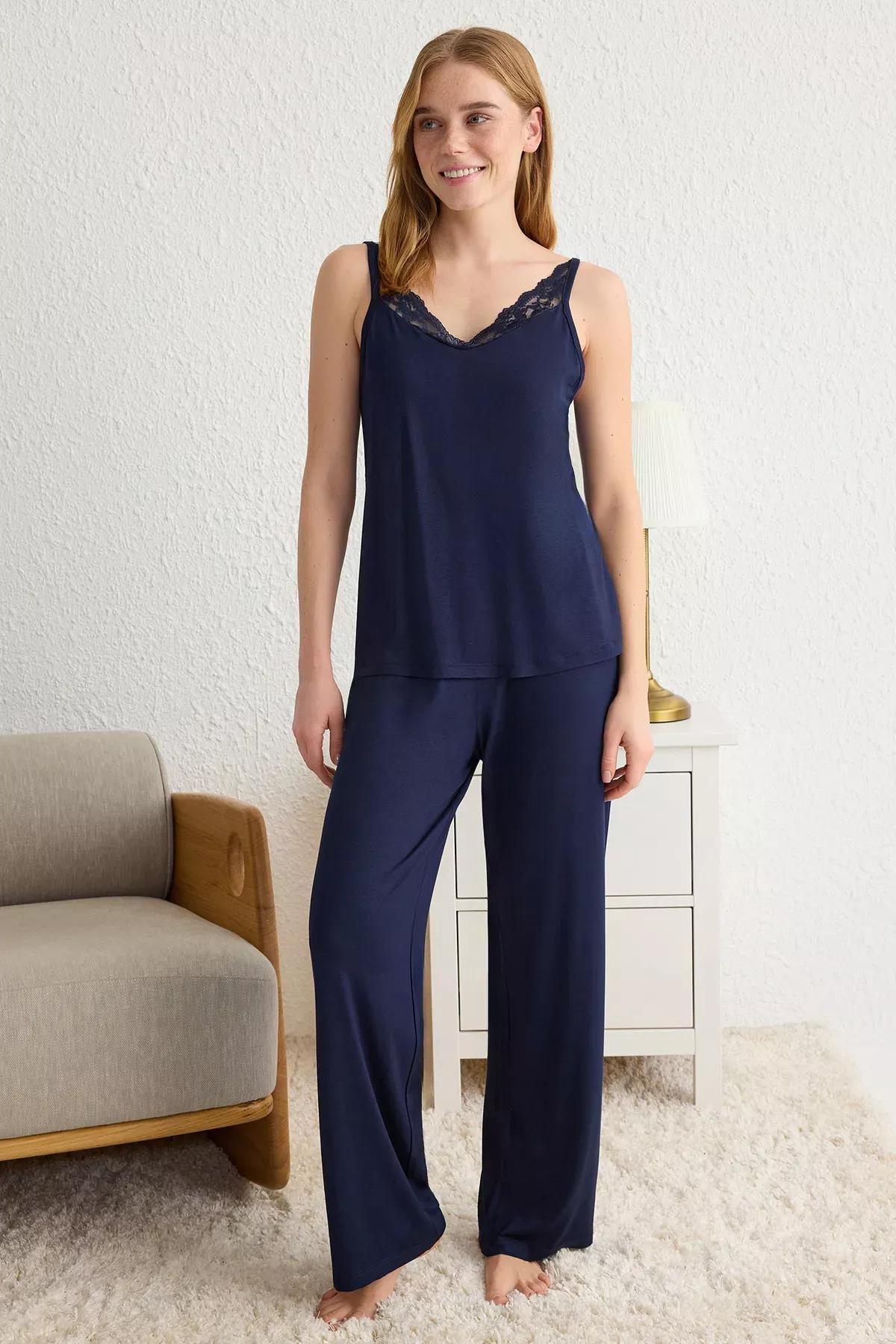 Navy Laced Viscose Knitted Pyjamas Set, , large image number 0