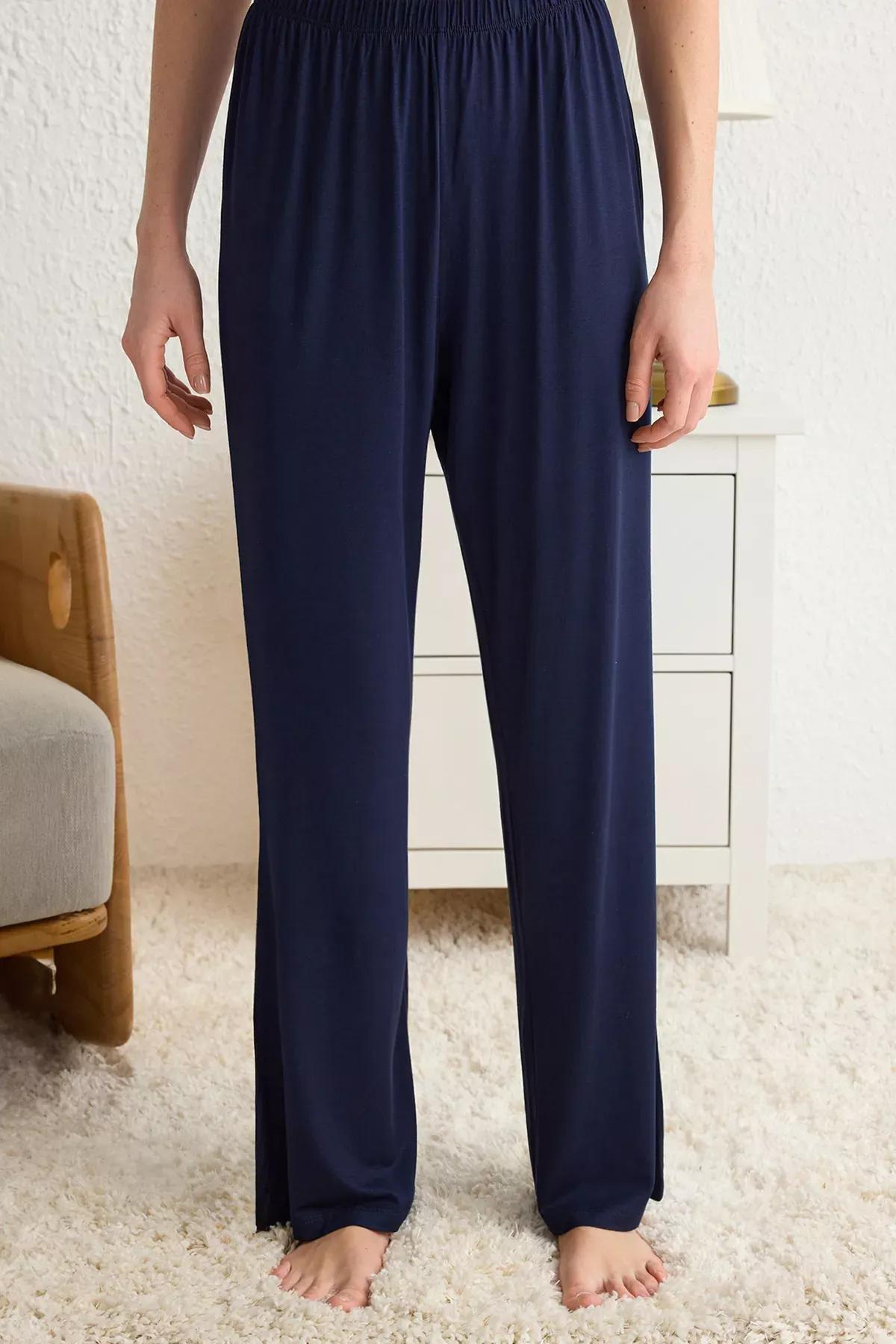 Navy Laced Viscose Knitted Pyjamas Set, , large image number 3