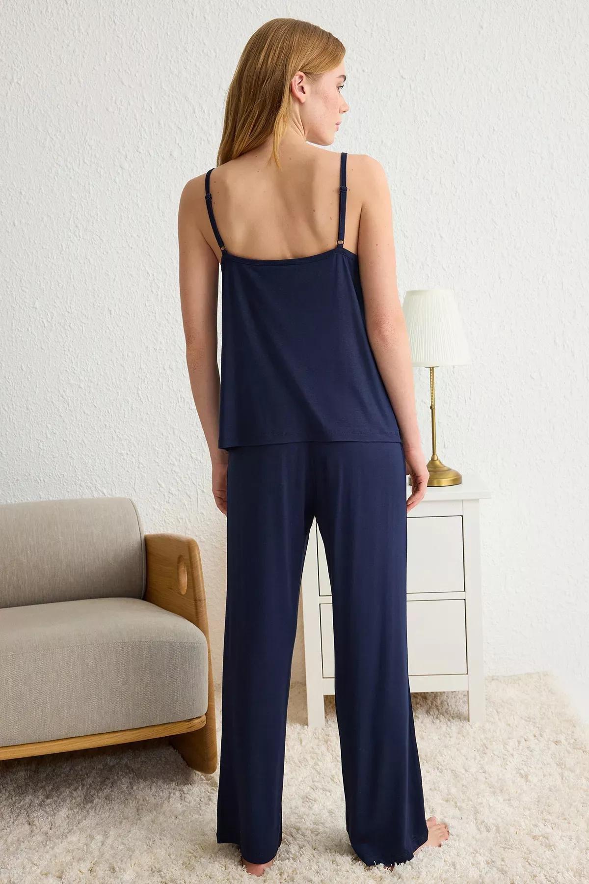 Navy Laced Viscose Knitted Pyjamas Set, , large image number 4