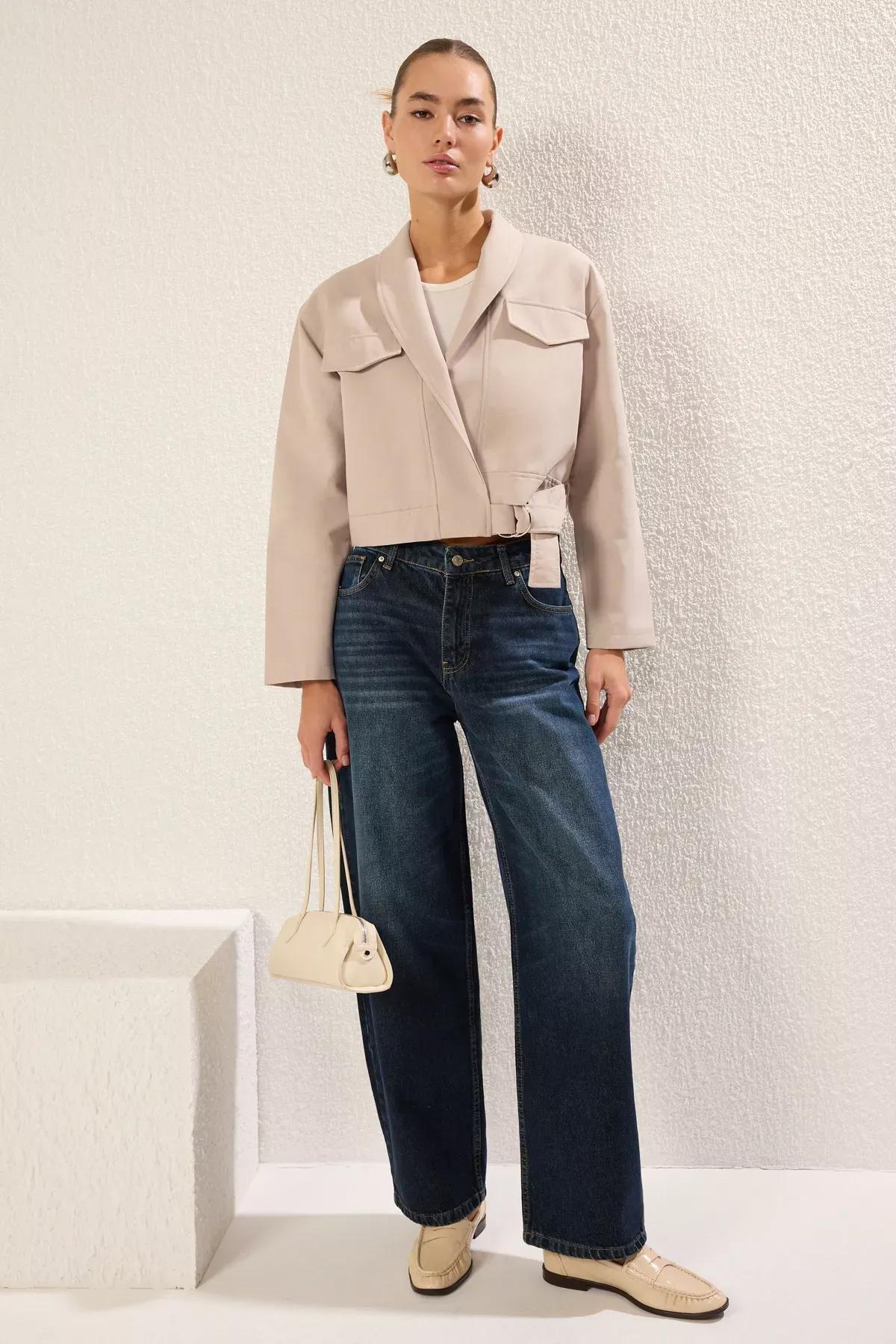 Beige Regular Belt Detailed Jacket Coat, , large image number 1