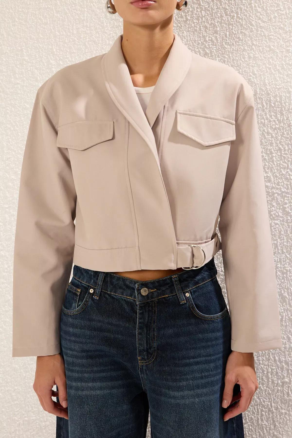 Beige Regular Belt Detailed Jacket Coat, , large image number 2