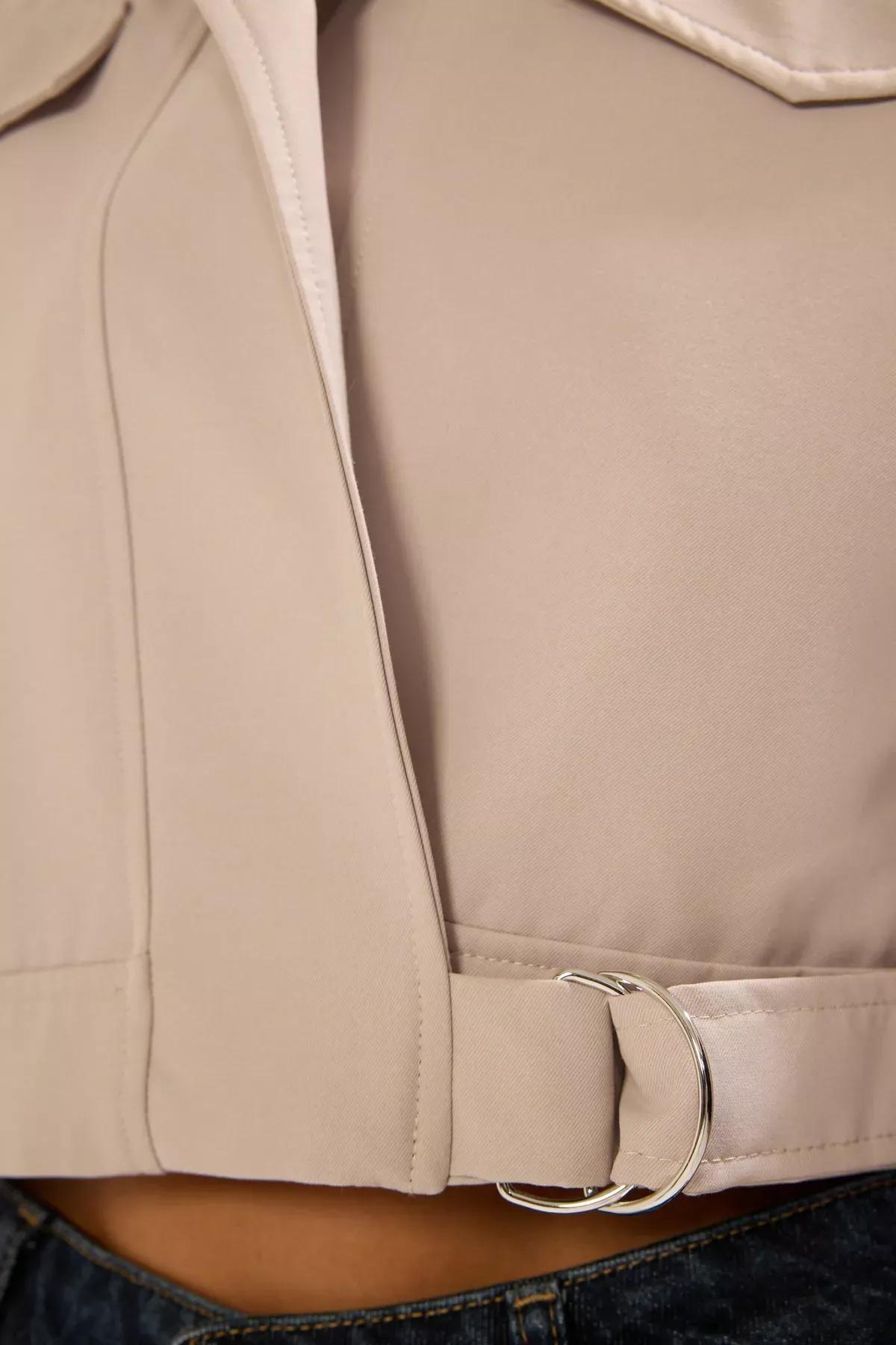 Beige Regular Belt Detailed Jacket Coat, , large image number 3