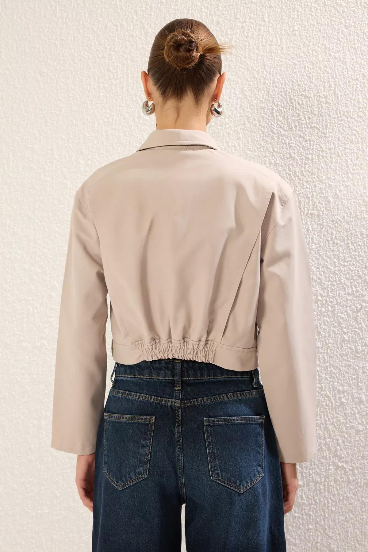 Beige Regular Belt Detailed Jacket Coat, , large image number 4