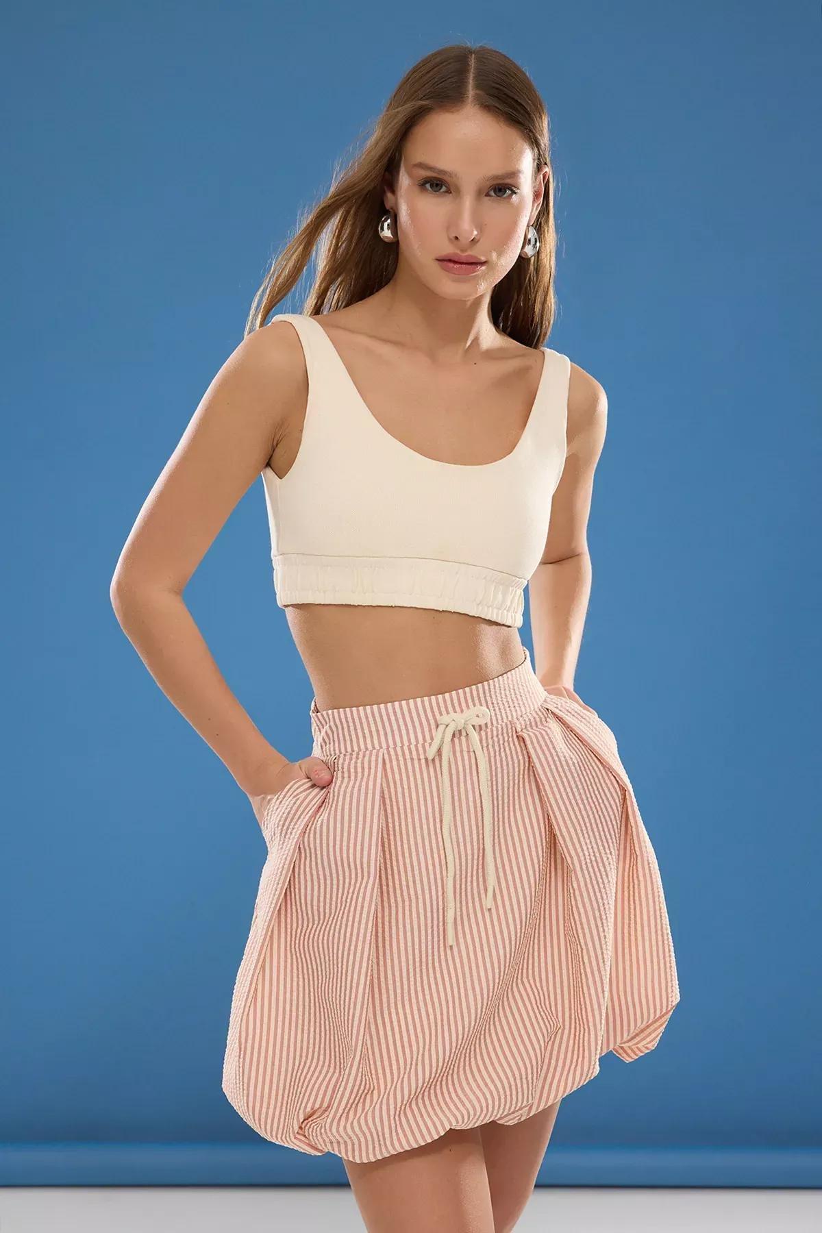 Red Waist-Tie Striped Seersucker Skirt, Red, large image number 1