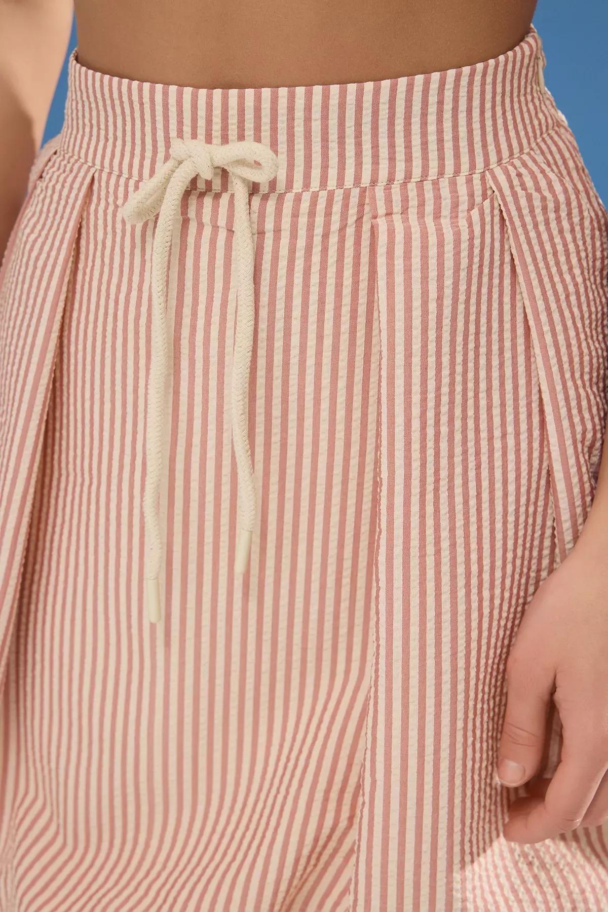 Red Waist-Tie Striped Seersucker Skirt, Red, large image number 2