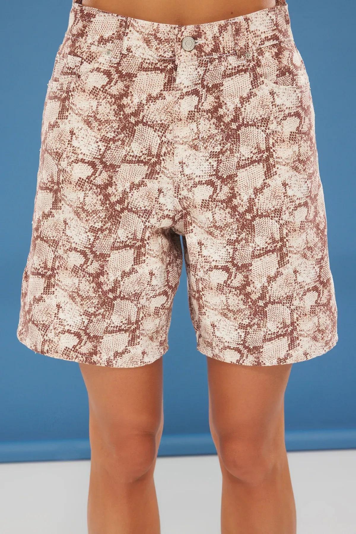 Brown Snake Patterned Woven Shorts, , large image number 2