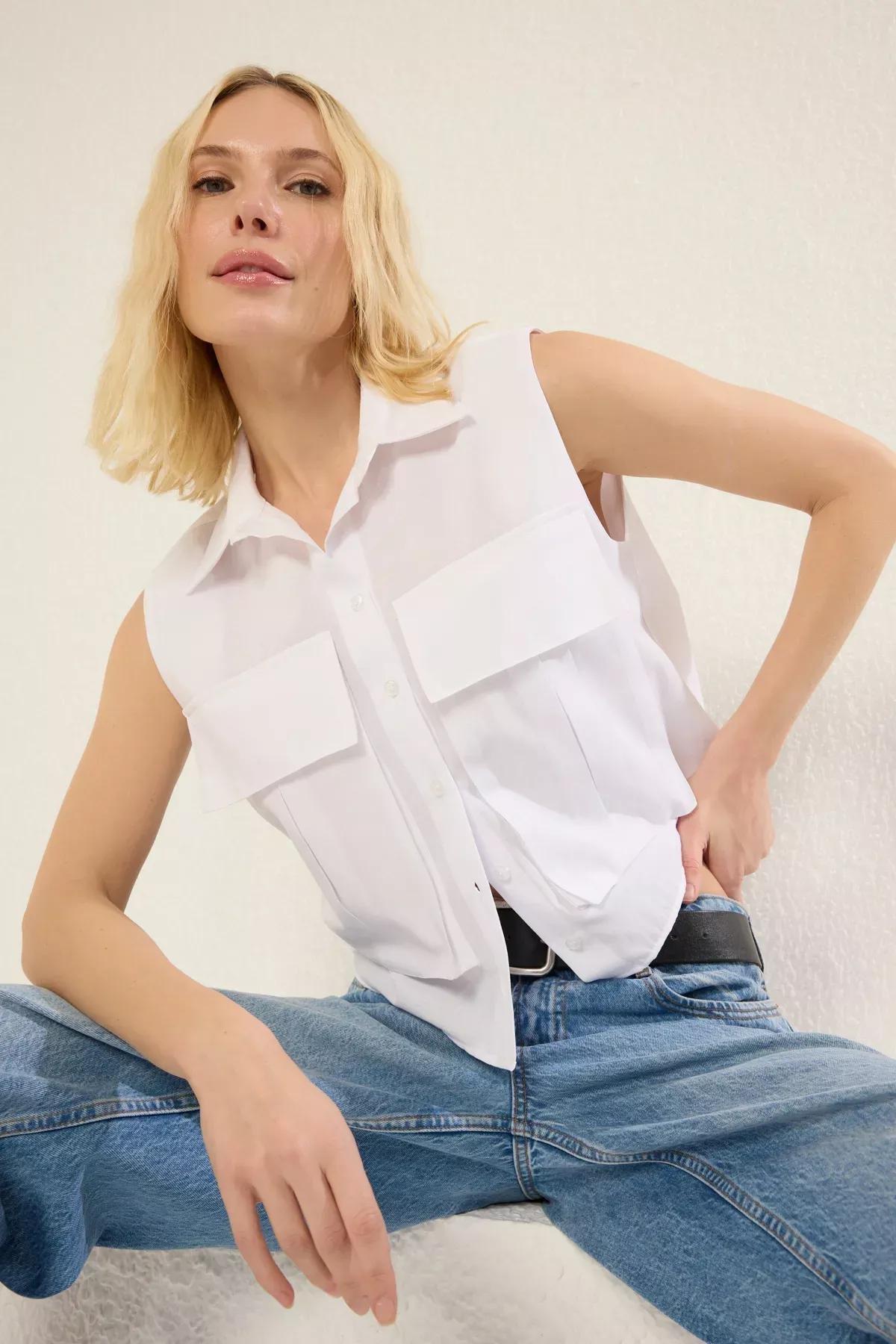 White Pocket Zero Sleeve Shirt, White, large image number 0