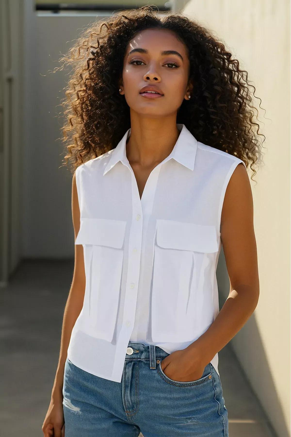 White Pocket Zero Sleeve Shirt, White, large image number 1