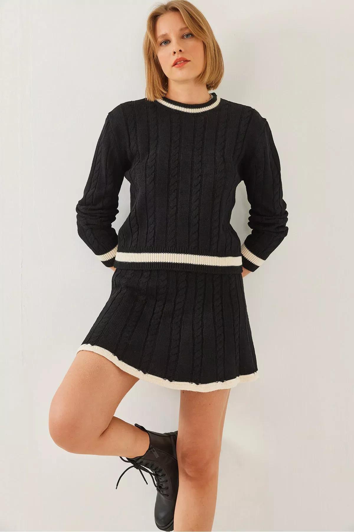 Black Skirt Knitwear Set, BLACK, large image number 0