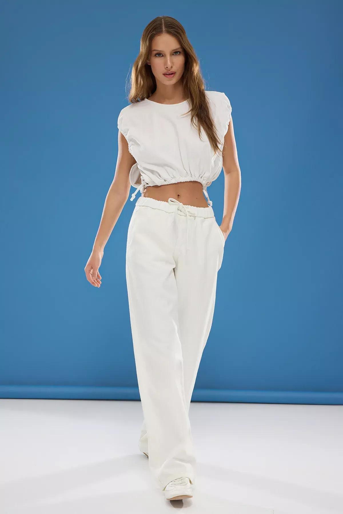 White Elastic Wide Leg Jeans, , large image number 0