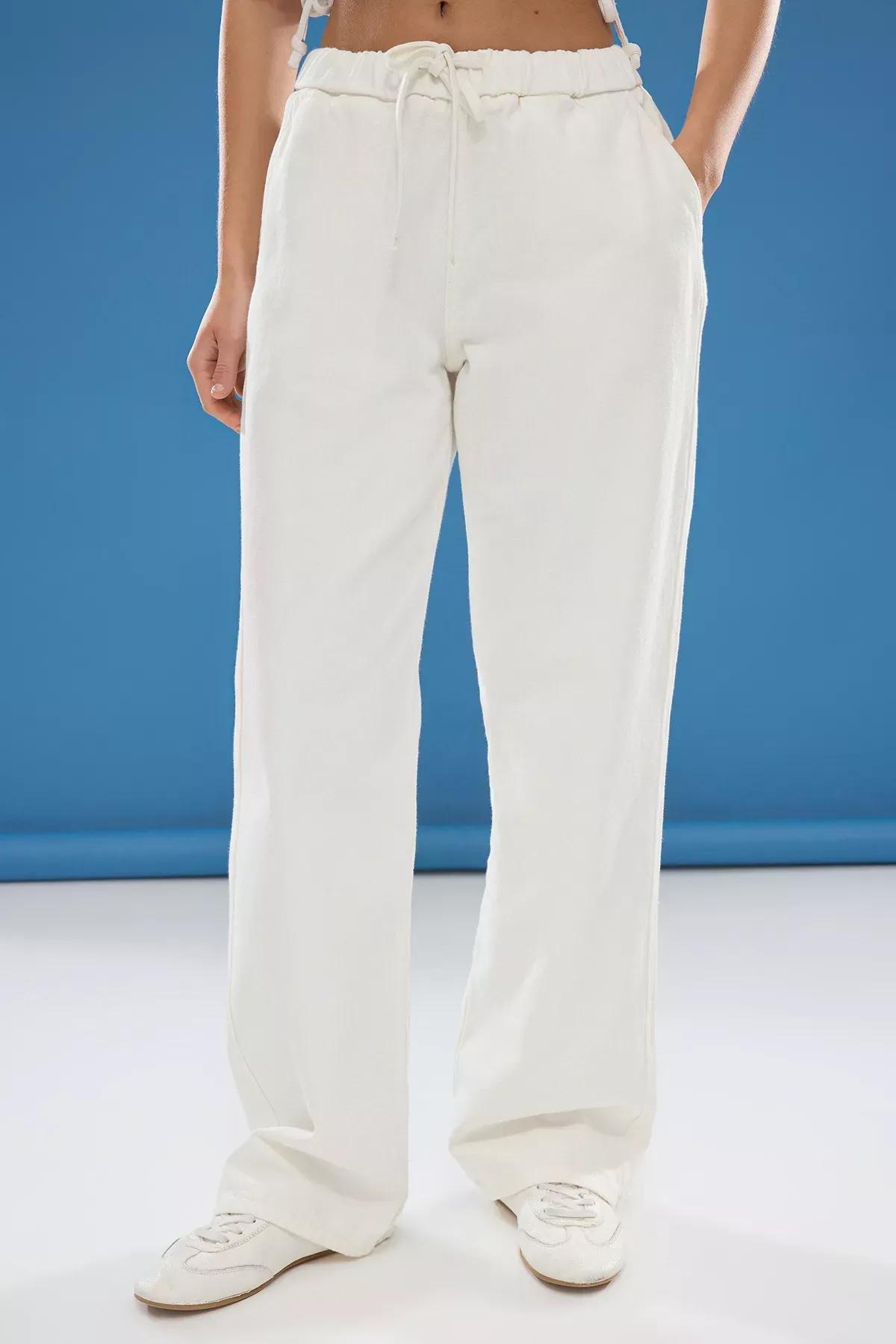 White Elastic Wide Leg Jeans, , large image number 2