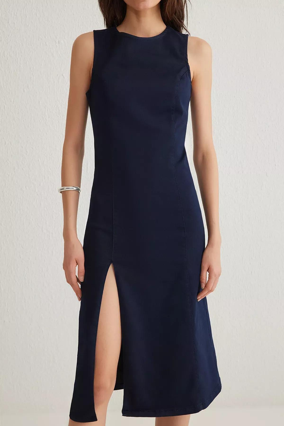 Blue Slit Midi Denim Dress, , large image number 2