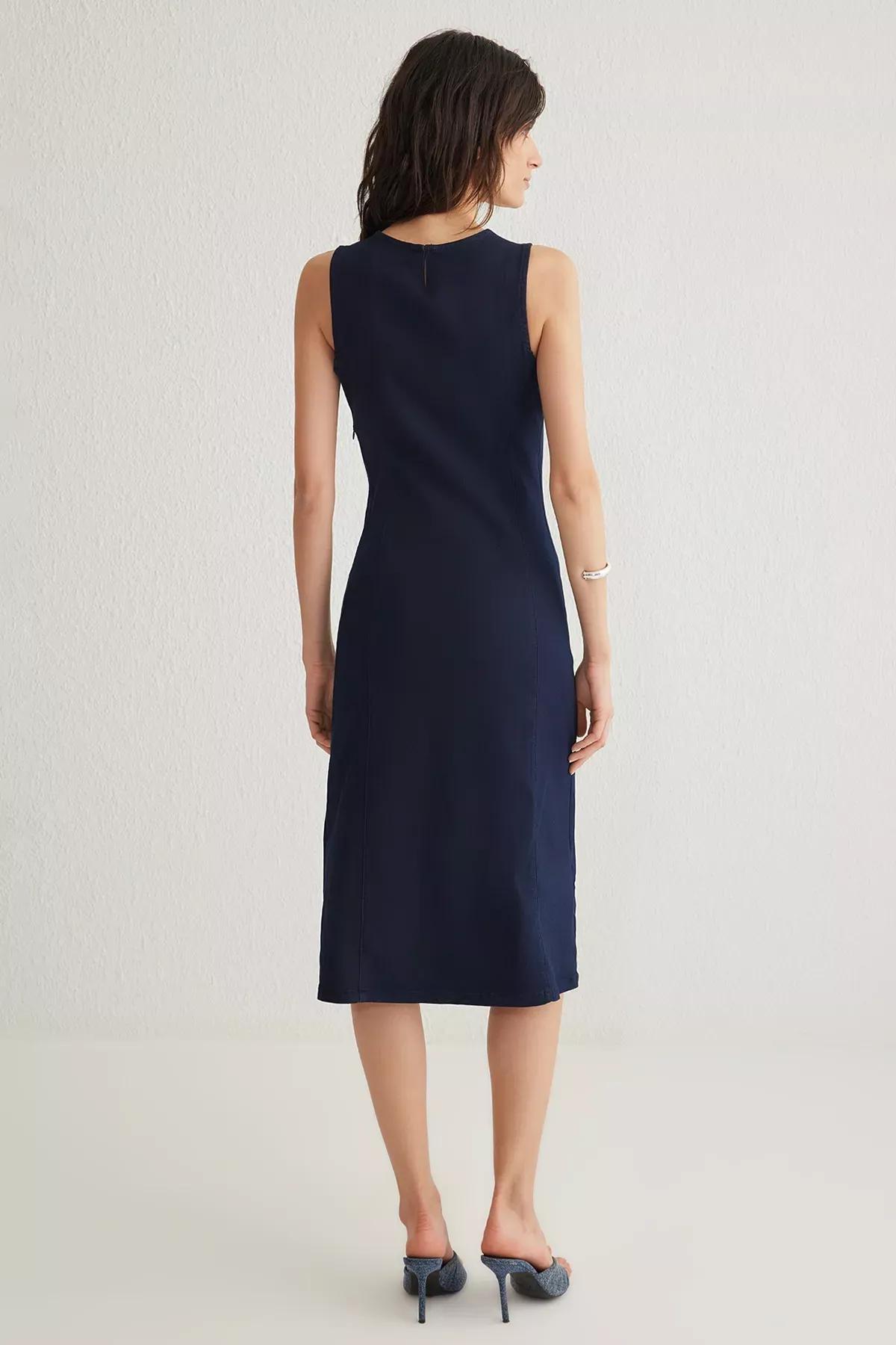 Blue Slit Midi Denim Dress, , large image number 4