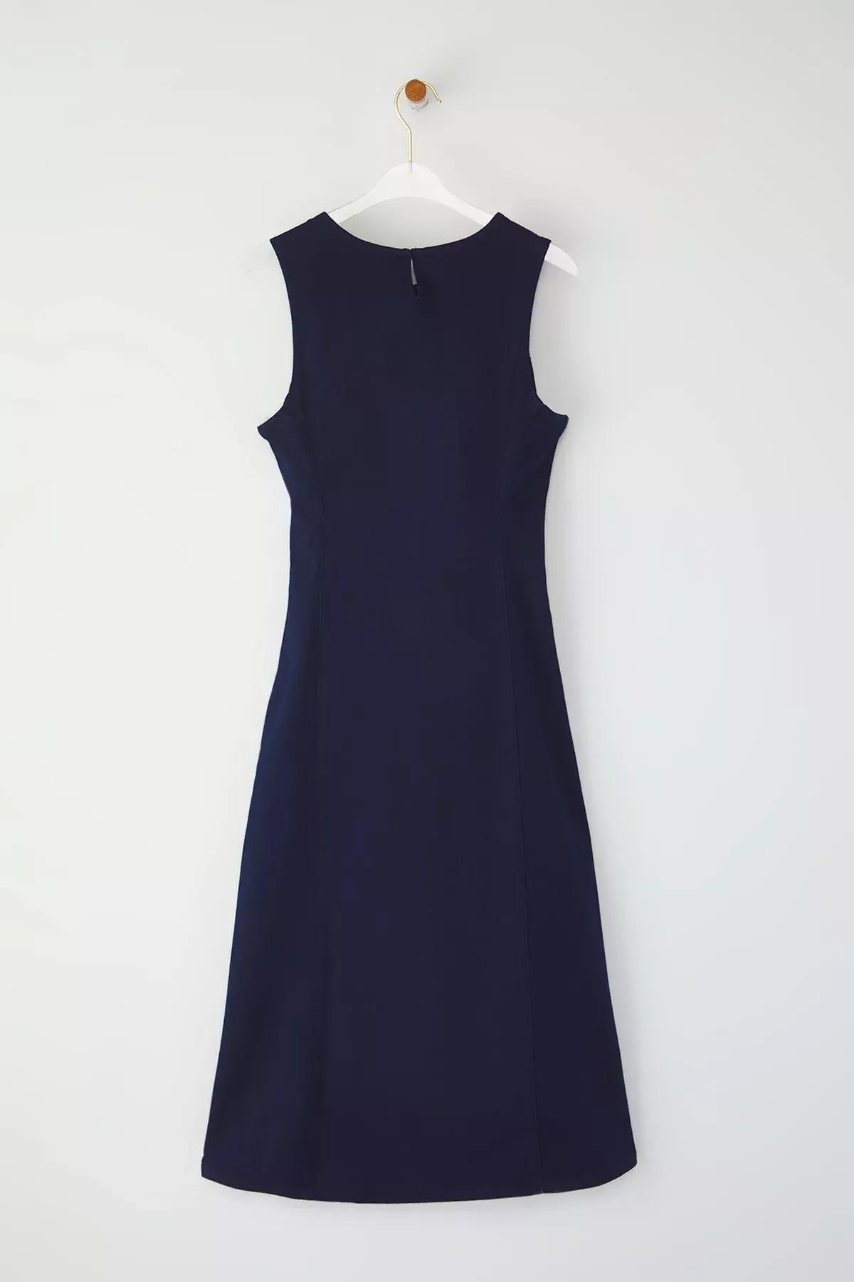 Blue Slit Midi Denim Dress, DARK BLUE, large image number 5