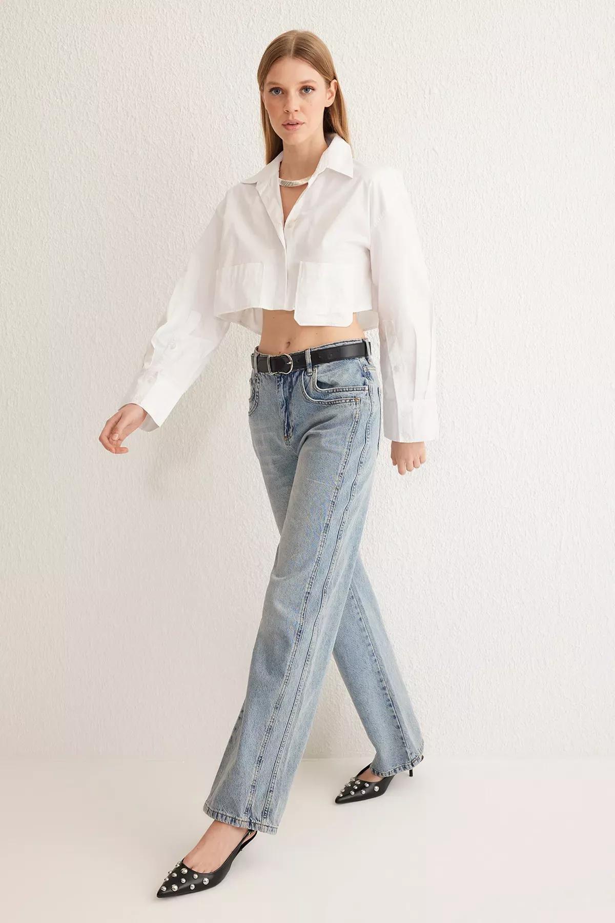 Blue Stitch Wide Leg Jeans, Blue, large image number 1