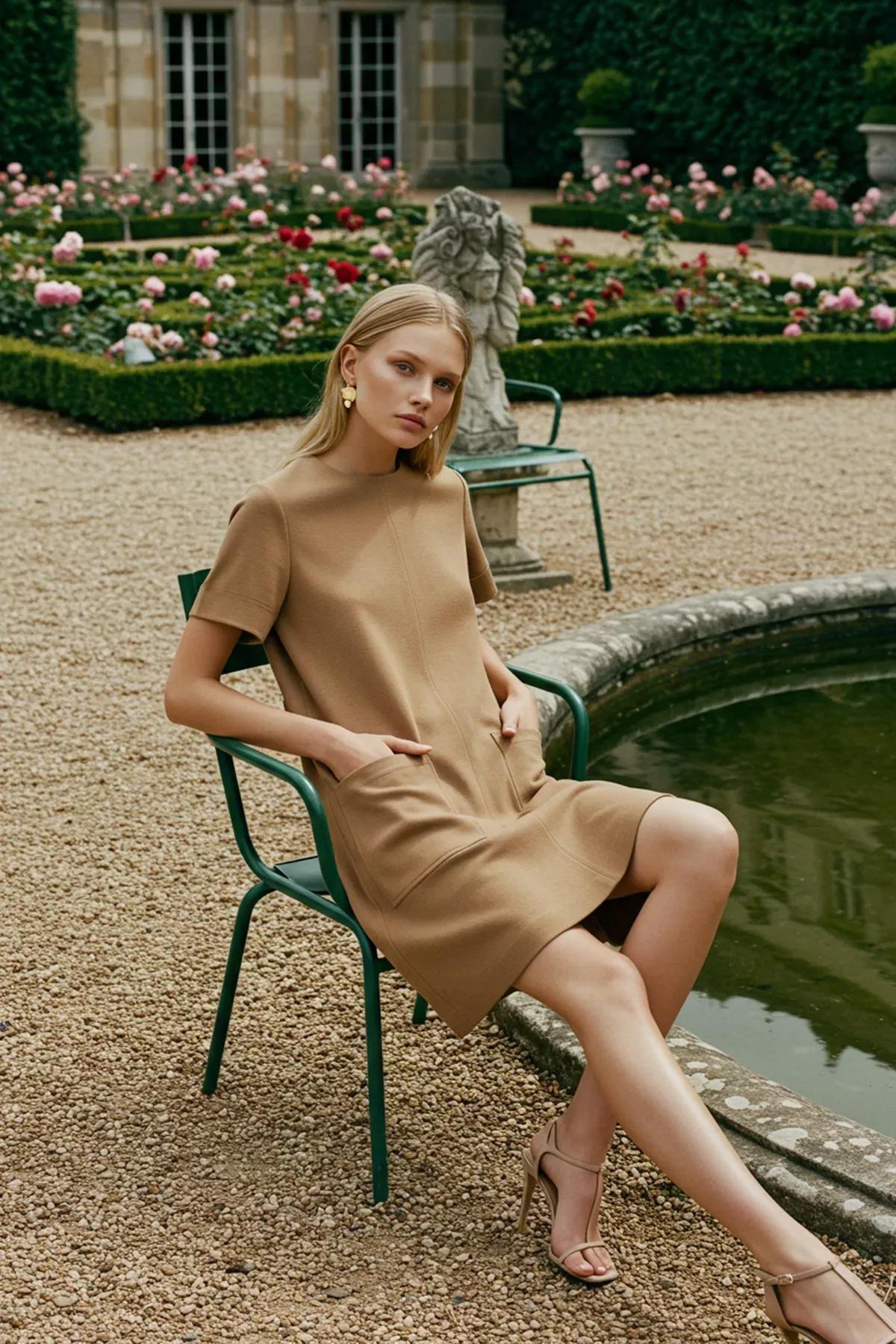 Beige Wide Cut Pocket Mini Dress, CAMEL, large image number 1