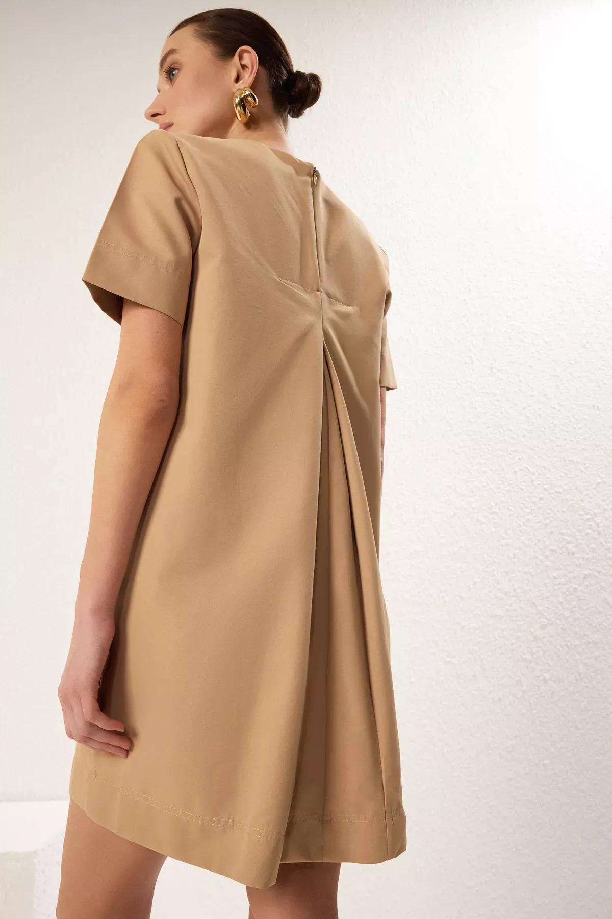 Beige Wide Cut Pocket Mini Dress, CAMEL, large image number 2