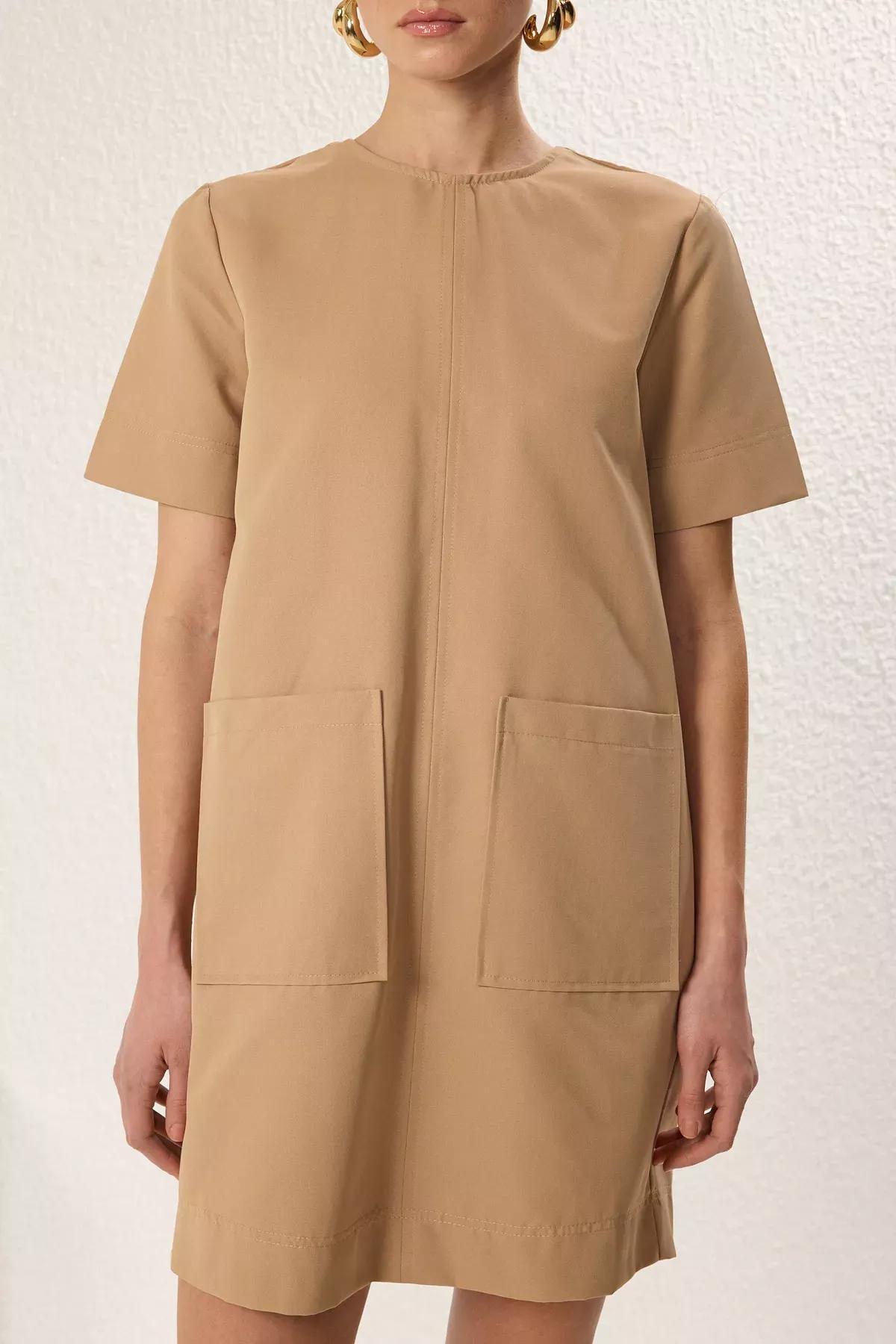 Beige Wide Cut Pocket Mini Dress, CAMEL, large image number 3
