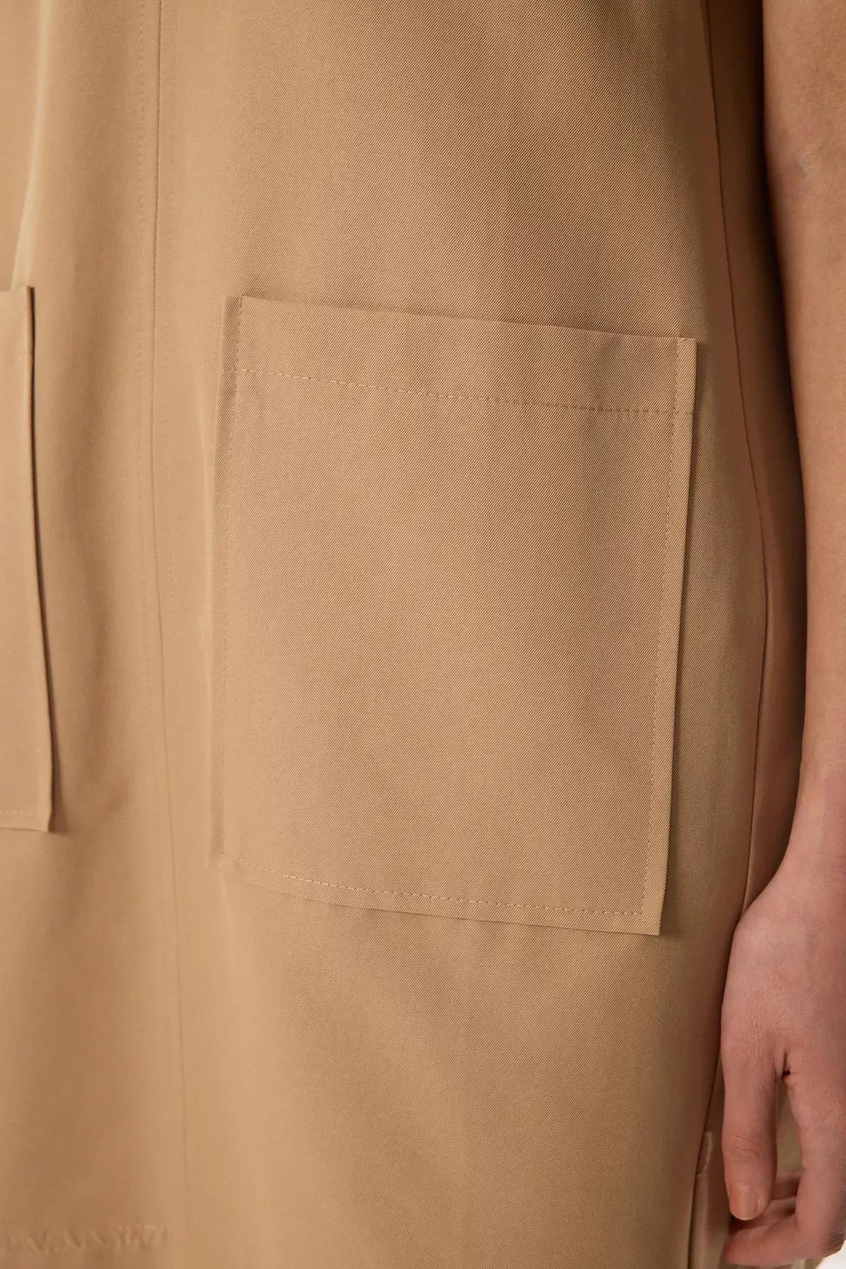 Beige Wide Cut Pocket Mini Dress, CAMEL, large image number 4