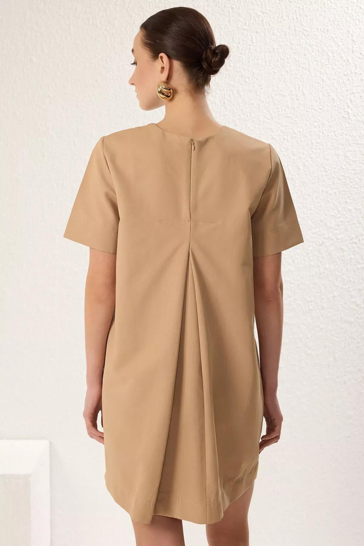 Beige Wide Cut Pocket Mini Dress, CAMEL, large image number 5
