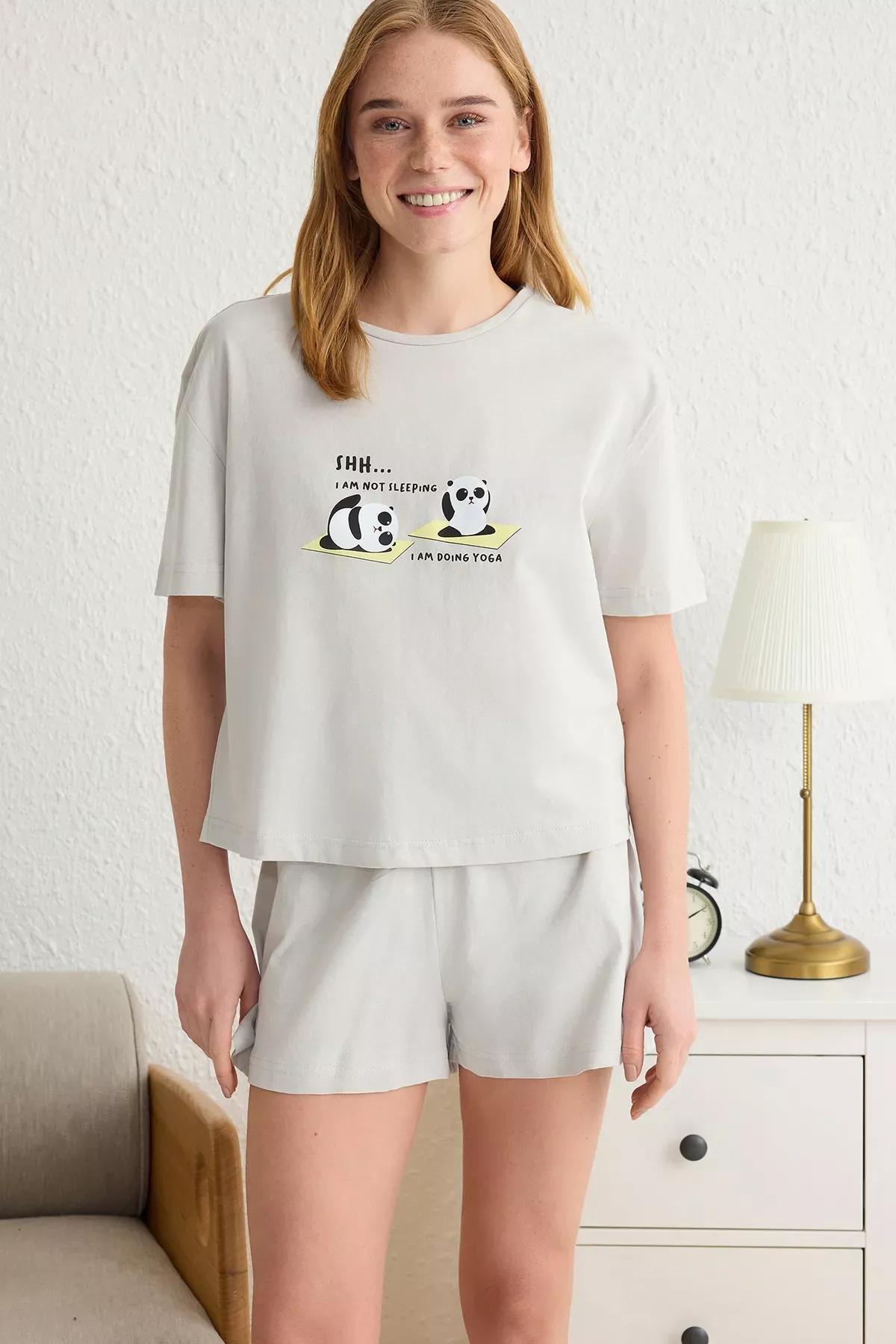 Grey Panda Pajama Set, LIGHT GREY, large image number 1