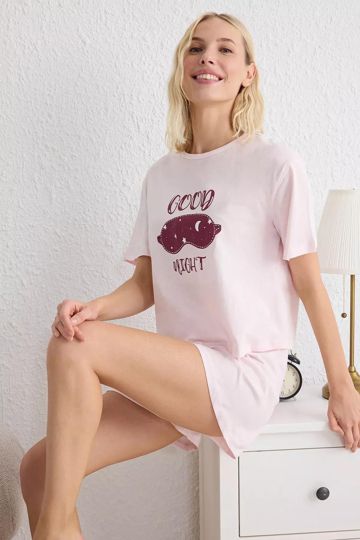 Pink Slogan Printed Pajama Set with Shorts, , large image number 0