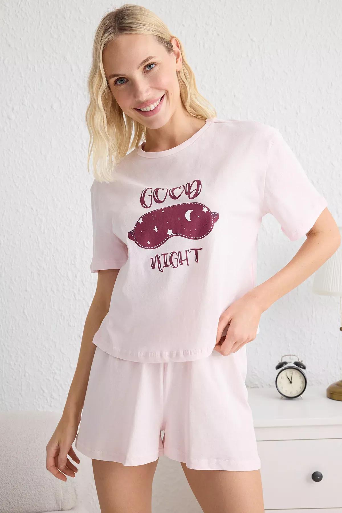 Pink Slogan Printed Pajama Set with Shorts, , large image number 1