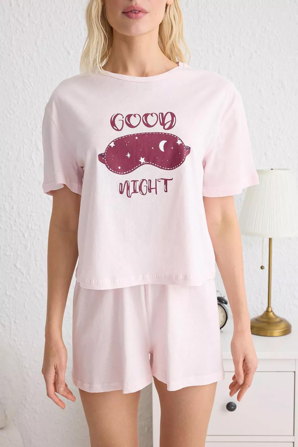 Pink Slogan Printed Pajama Set with Shorts, , large image number 2