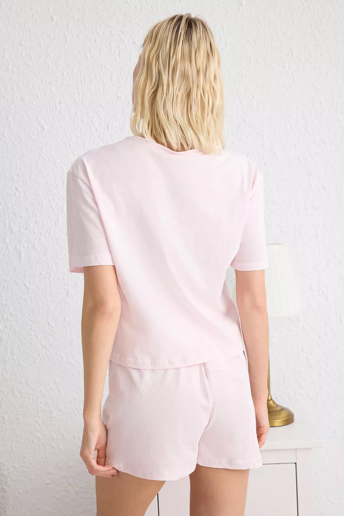 Pink Slogan Printed Pajama Set with Shorts, , large image number 4