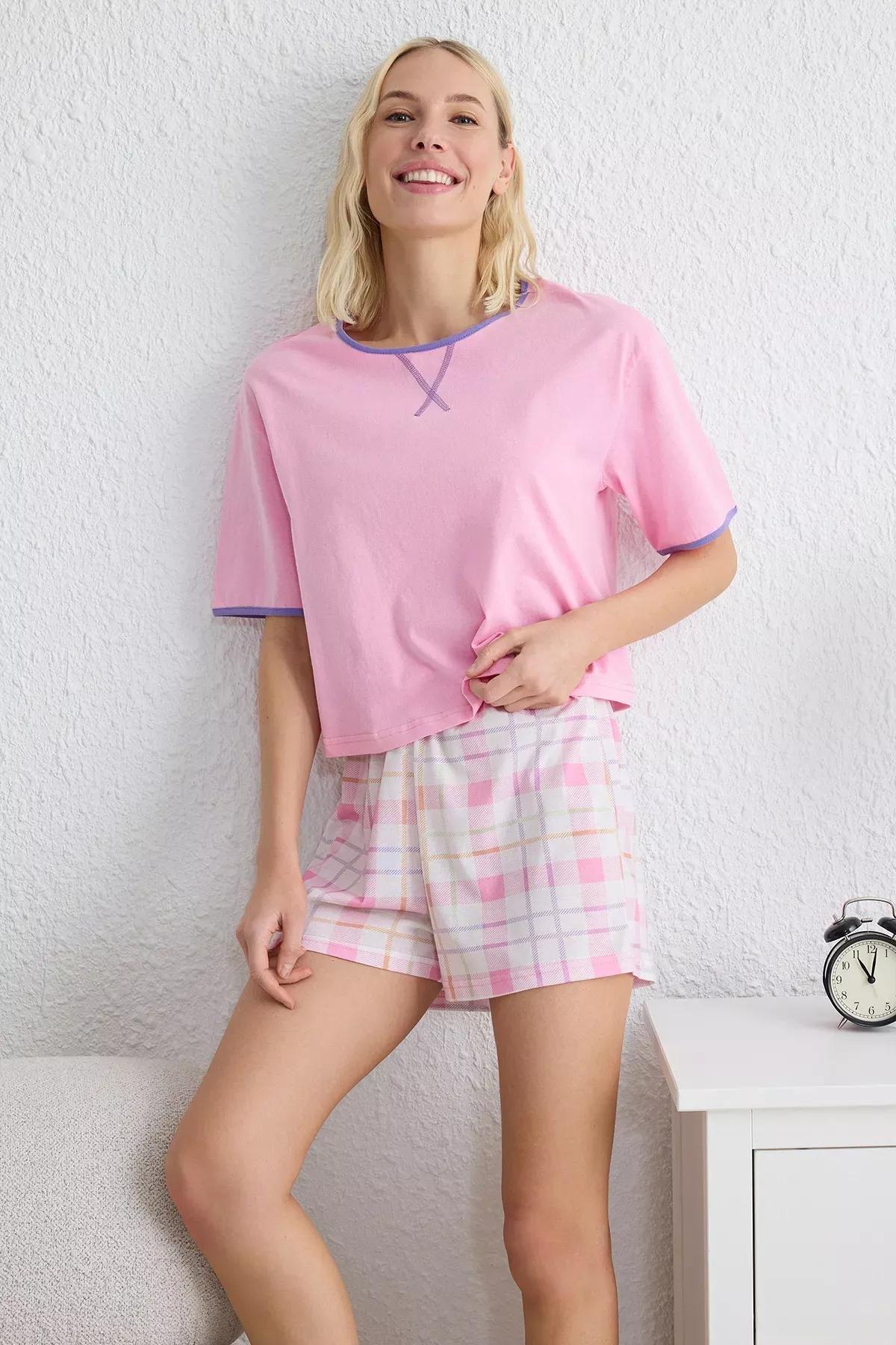 Pink Plaid Piping Knitted Pajama Set, C101_7329, large image number 0