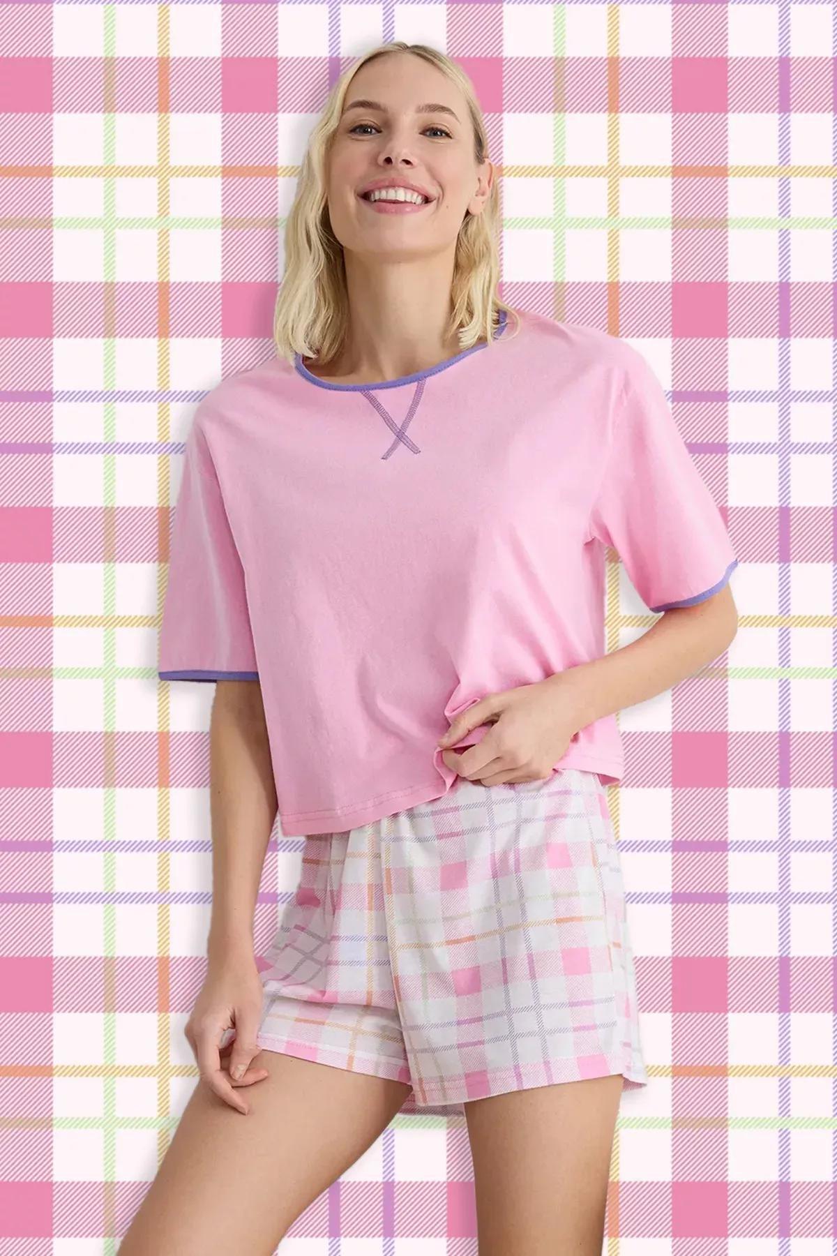 Pink Plaid Piping Knitted Pajama Set, C101_7329, large image number 1