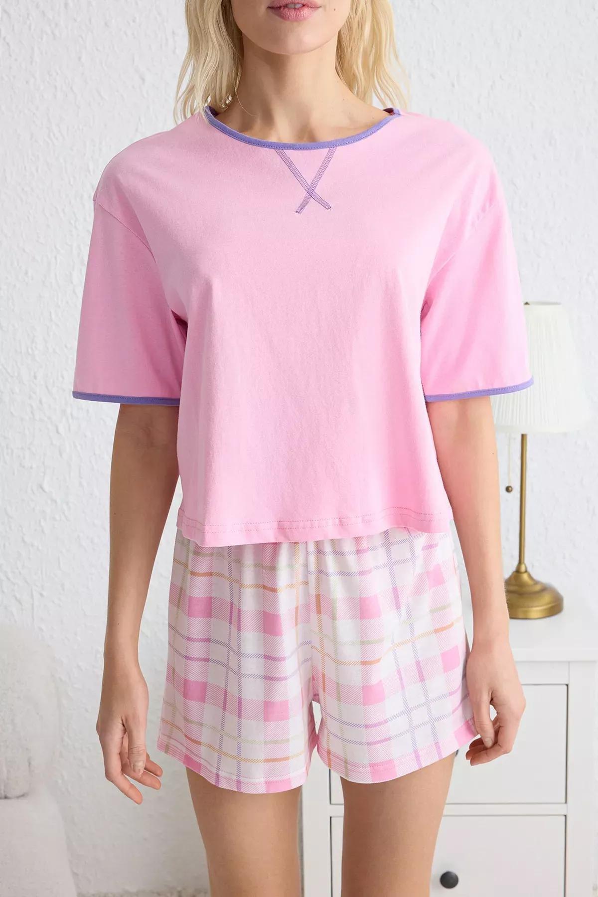 Pink Plaid Piping Knitted Pajama Set, C101_7329, large image number 3