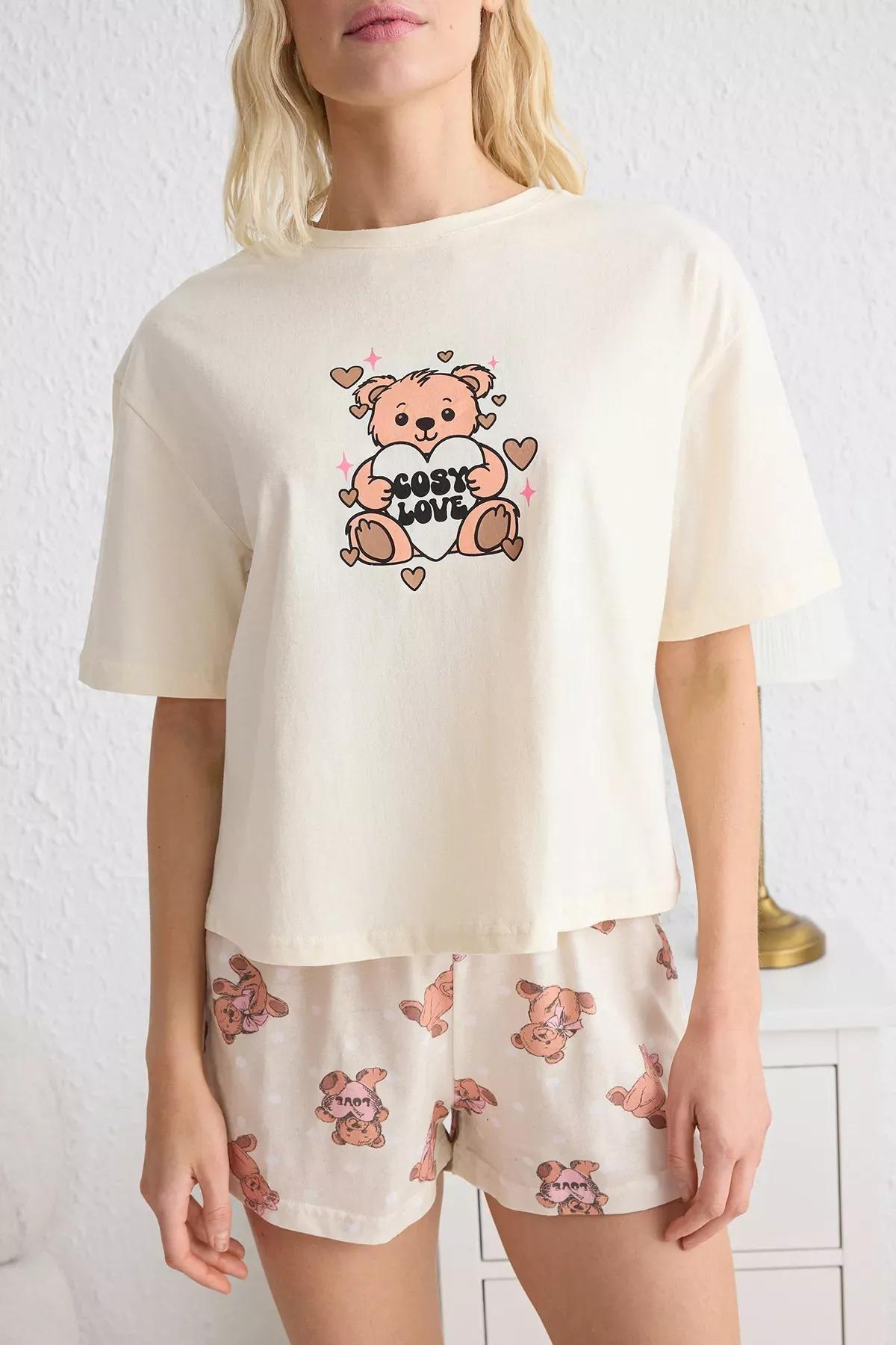 Beige Polka Dot Knitted Pyjamas Set, Ecru, large image number 2