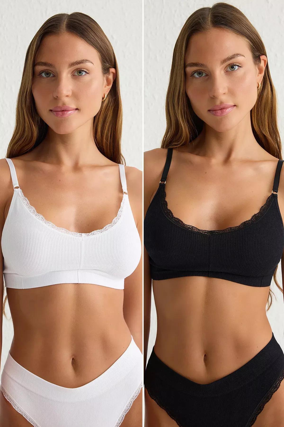 Black-White 2-Piece Lace Bralette Bra, BLACK WHITE, medium