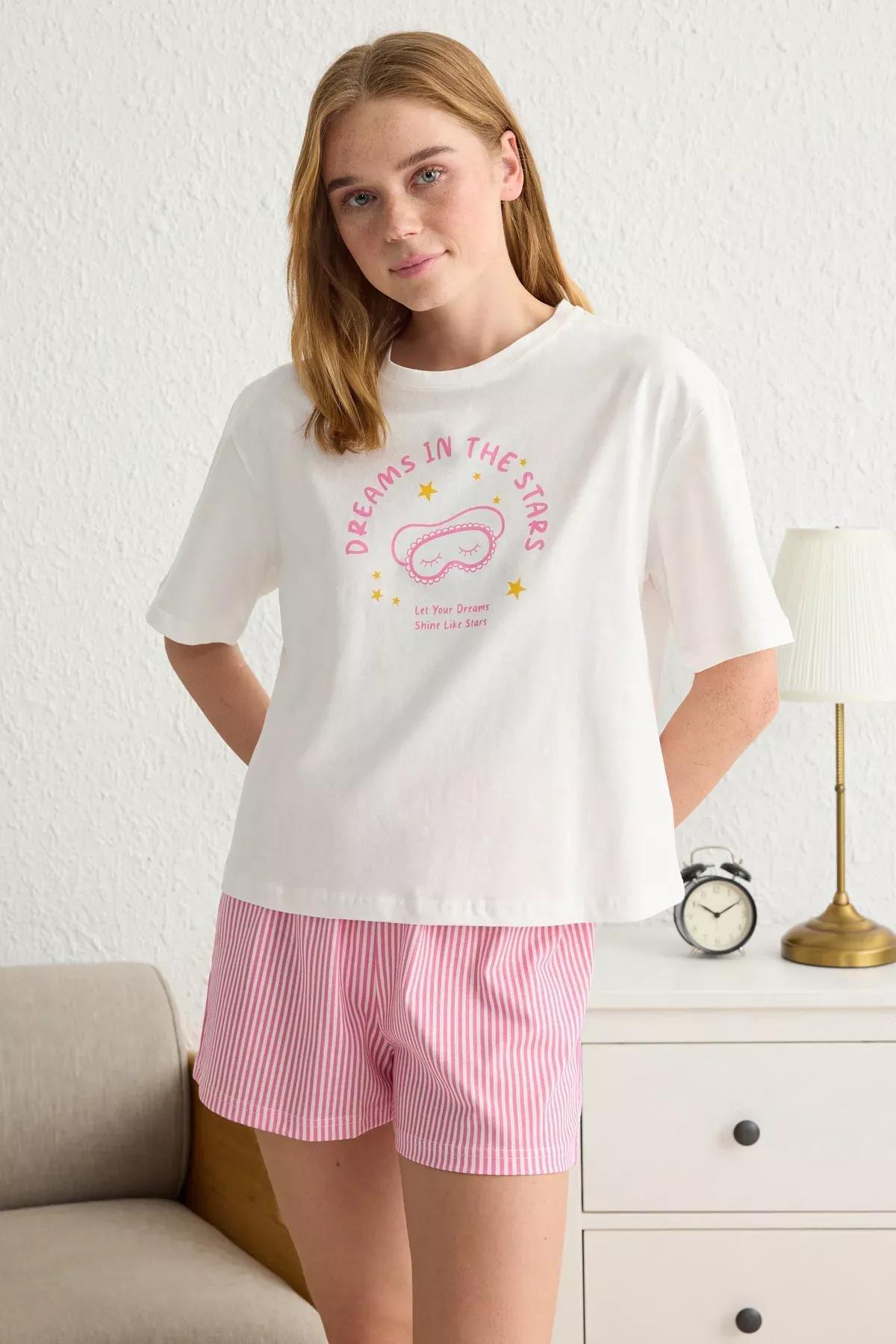 Pink Striped Slogan Printed Pajama Set with Shorts, set of 2, Pink, large image number 1